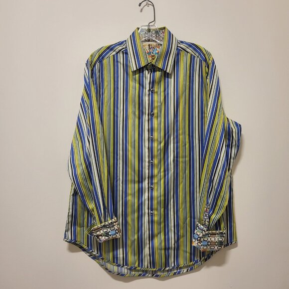 Robert Graham Med Lime Green Blue Complicated Striped Sport Shirt Contrast Cuff - Picture 1 of 9